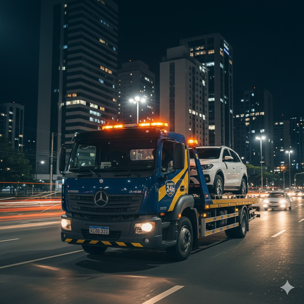 Caminhão de guincho 24 horas em Goiânia realizando um reboque de carro quebrado.